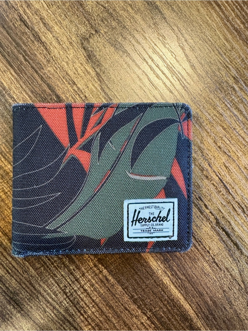 Herschel Supply Company Green & Red Canvas Bifold Wallet with Leaf Print